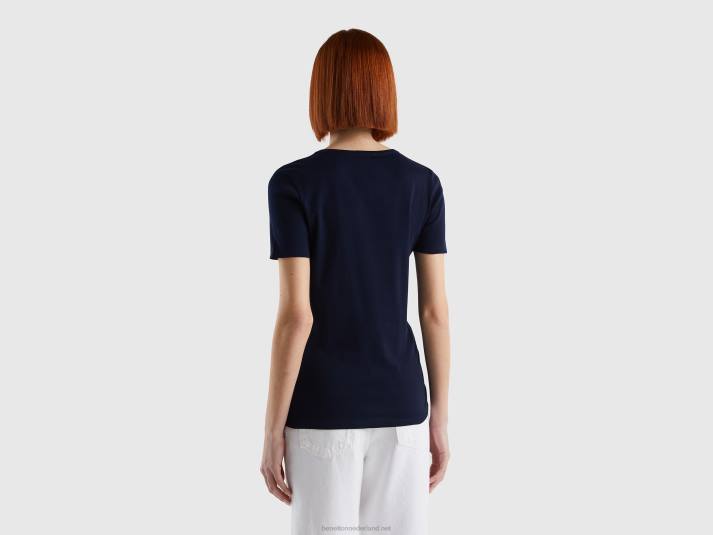 vrouwen Benetton t-shirt van 100% katoen met glitterlogoprint donkerblauw 4R62469