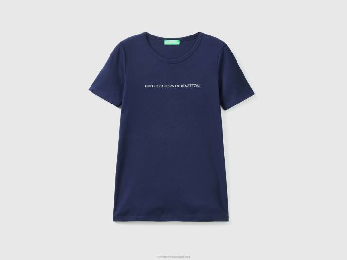 vrouwen Benetton t-shirt van 100% katoen met glitterlogoprint donkerblauw 4R62469