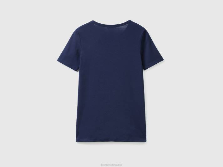 vrouwen Benetton t-shirt van 100% katoen met glitterlogoprint donkerblauw 4R62469