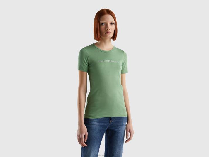 vrouwen Benetton t-shirt van 100% katoen met glitterlogoprint groente 4R623894