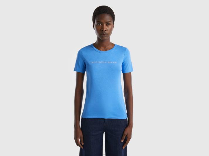 vrouwen Benetton t-shirt van 100% katoen met glitterlogoprint lichtblauw 4R62370