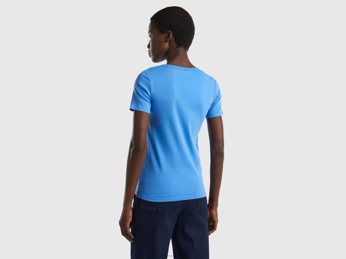 vrouwen Benetton t-shirt van 100% katoen met glitterlogoprint lichtblauw 4R62370
