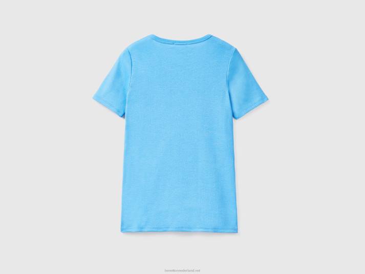 vrouwen Benetton t-shirt van 100% katoen met glitterlogoprint lichtblauw 4R62370