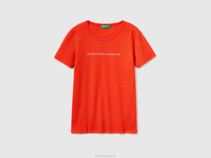 vrouwen Benetton t-shirt van 100% katoen met glitterlogoprint rood 4R62322