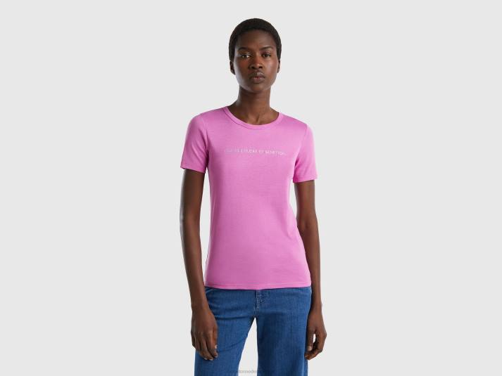 vrouwen Benetton t-shirt van 100% katoen met glitterlogoprint roze 4R623857