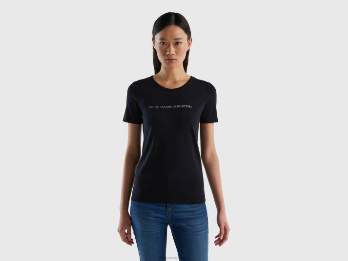 vrouwen Benetton t-shirt van 100% katoen met glitterlogoprint zwart 4R62428