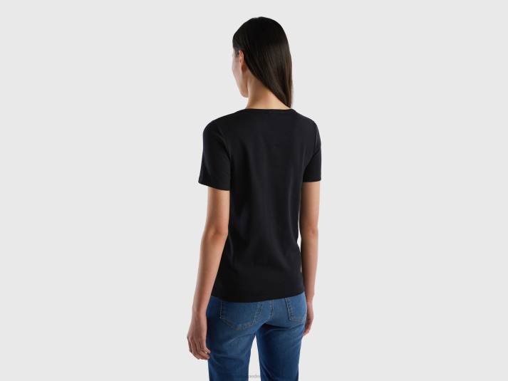 vrouwen Benetton t-shirt van 100% katoen met glitterlogoprint zwart 4R62428
