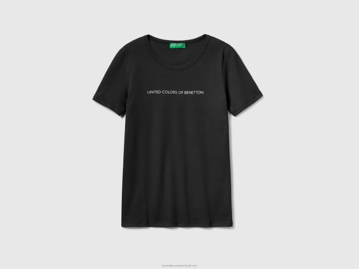 vrouwen Benetton t-shirt van 100% katoen met glitterlogoprint zwart 4R62428