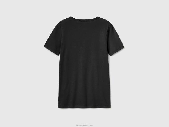 vrouwen Benetton t-shirt van 100% katoen met glitterlogoprint zwart 4R62428