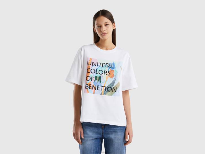 vrouwen Benetton t-shirt van katoen met logoprint wit 4R62376