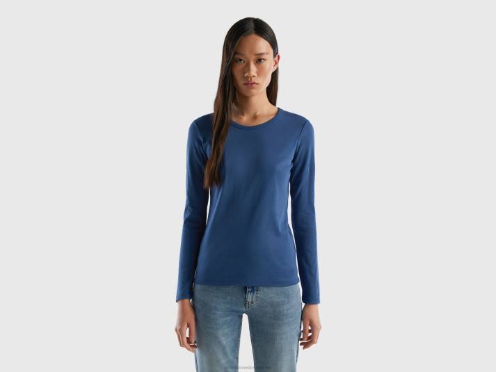 vrouwen Benetton T-shirt van puur katoen met lange mouwen blauw 4R62430