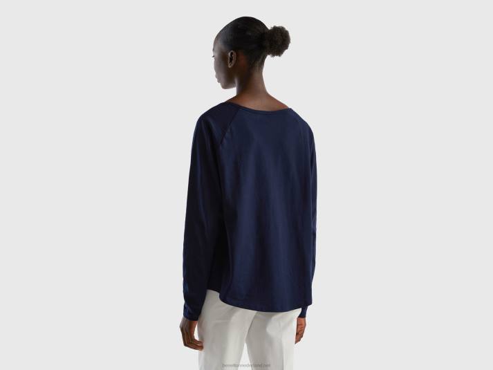 vrouwen Benetton T-shirt van puur katoen met lange mouwen donkerblauw 4R62319