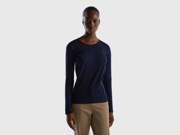 vrouwen Benetton T-shirt van puur katoen met lange mouwen donkerblauw 4R62460
