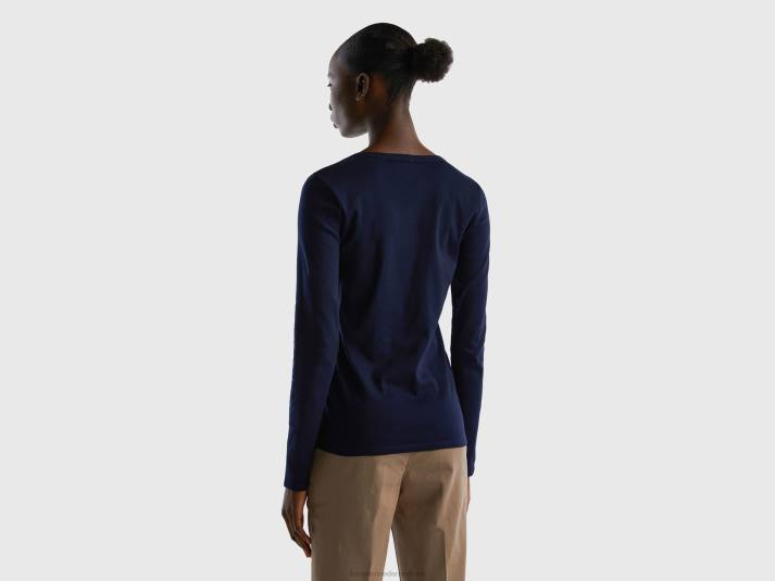 vrouwen Benetton T-shirt van puur katoen met lange mouwen donkerblauw 4R62460