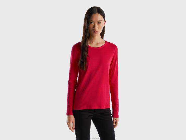 vrouwen Benetton T-shirt van puur katoen met lange mouwen fuchsia 4R62384