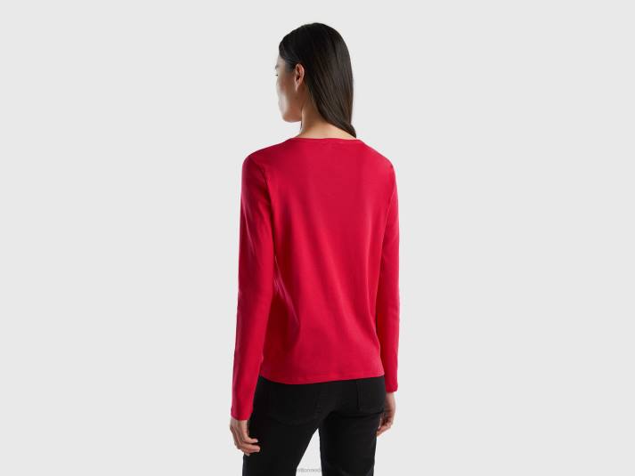 vrouwen Benetton T-shirt van puur katoen met lange mouwen fuchsia 4R62384