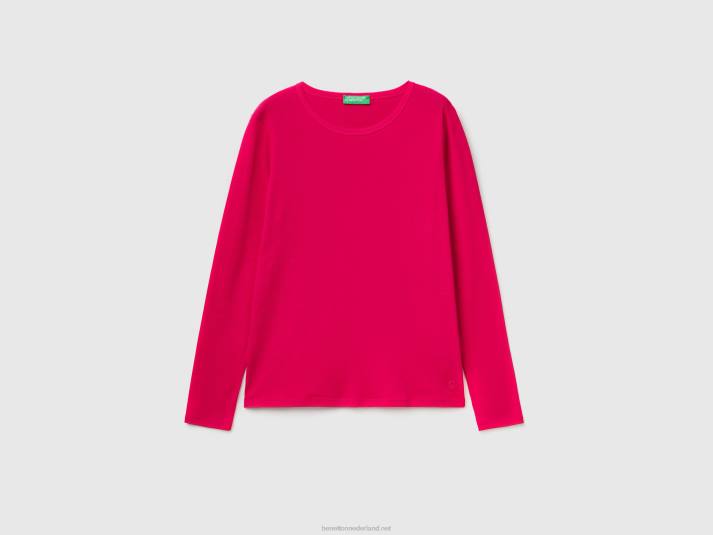 vrouwen Benetton T-shirt van puur katoen met lange mouwen fuchsia 4R62384