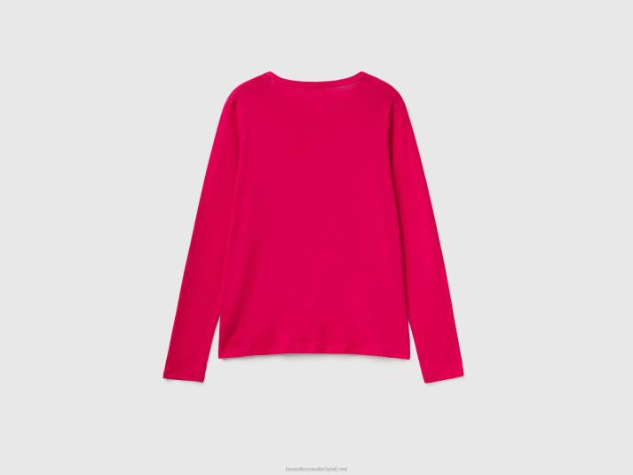 vrouwen Benetton T-shirt van puur katoen met lange mouwen fuchsia 4R62384