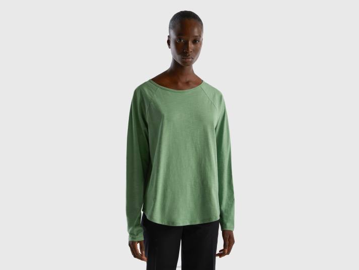 vrouwen Benetton T-shirt van puur katoen met lange mouwen groente 4R62302