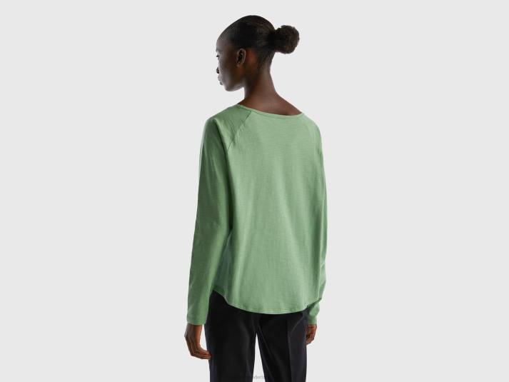 vrouwen Benetton T-shirt van puur katoen met lange mouwen groente 4R62302