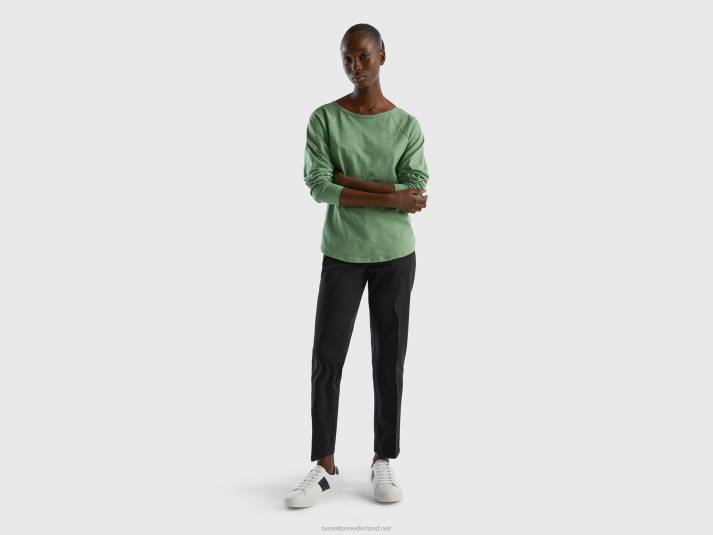 vrouwen Benetton T-shirt van puur katoen met lange mouwen groente 4R62302