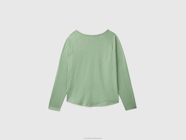 vrouwen Benetton T-shirt van puur katoen met lange mouwen groente 4R62302