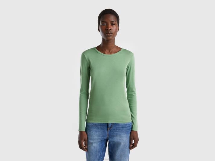 vrouwen Benetton T-shirt van puur katoen met lange mouwen groente 4R62330
