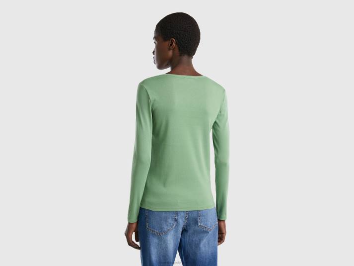 vrouwen Benetton T-shirt van puur katoen met lange mouwen groente 4R62330