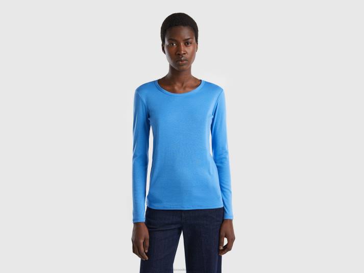 vrouwen Benetton T-shirt van puur katoen met lange mouwen lichtblauw 4R62369