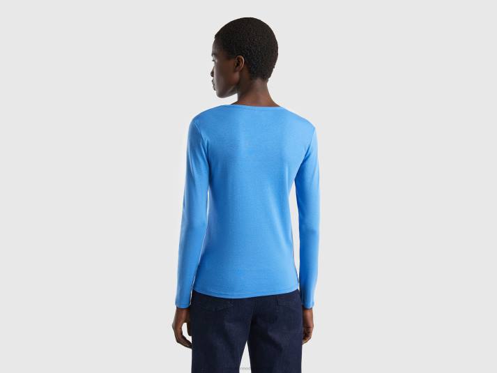 vrouwen Benetton T-shirt van puur katoen met lange mouwen lichtblauw 4R62369