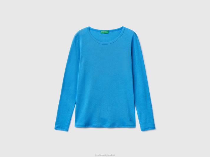 vrouwen Benetton T-shirt van puur katoen met lange mouwen lichtblauw 4R62369
