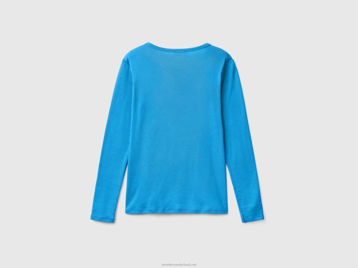 vrouwen Benetton T-shirt van puur katoen met lange mouwen lichtblauw 4R623843