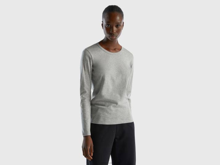 vrouwen Benetton T-shirt van puur katoen met lange mouwen lichtgrijs 4R623926