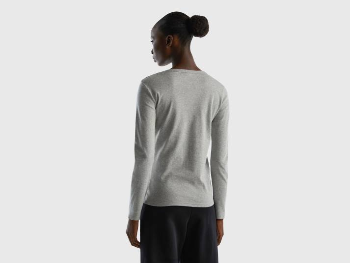 vrouwen Benetton T-shirt van puur katoen met lange mouwen lichtgrijs 4R623926