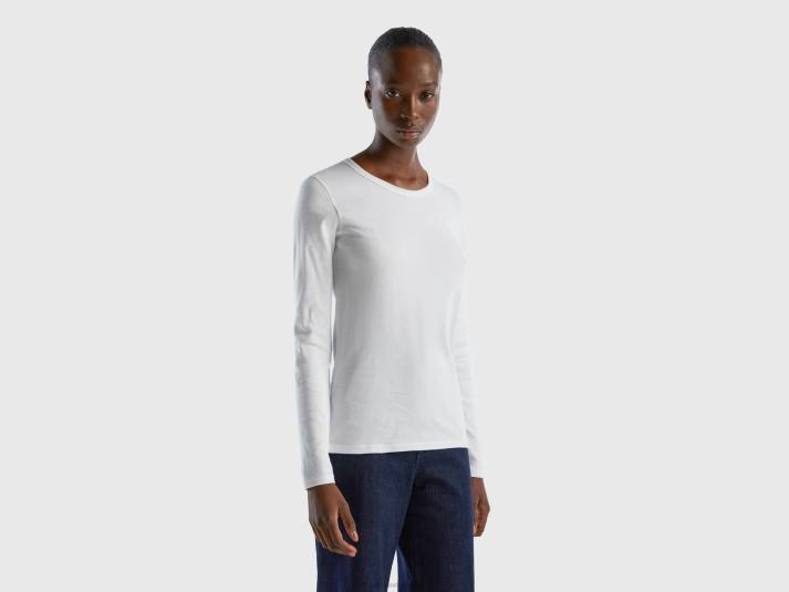 vrouwen Benetton T-shirt van puur katoen met lange mouwen wit 4R62441