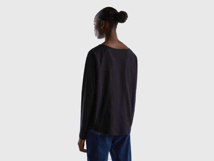 vrouwen Benetton T-shirt van puur katoen met lange mouwen zwart 4R62356