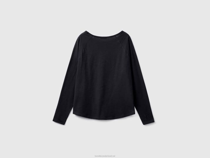 vrouwen Benetton T-shirt van puur katoen met lange mouwen zwart 4R62356