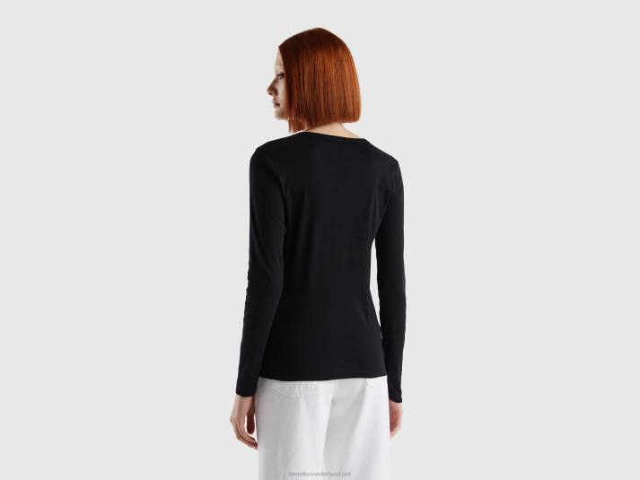 vrouwen Benetton T-shirt van puur katoen met lange mouwen zwart 4R623908