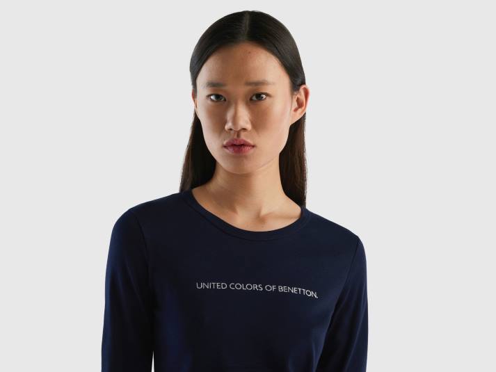 vrouwen Benetton donkerblauw t-shirt met lange mouwen van 100% katoen donkerblauw 4R62461