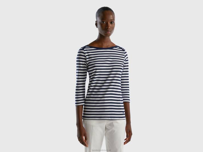 vrouwen Benetton gestreept t-shirt met 3/4 mouwen van 100% katoen donkerblauw 4R62455