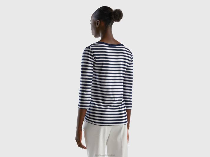 vrouwen Benetton gestreept t-shirt met 3/4 mouwen van 100% katoen donkerblauw 4R62455