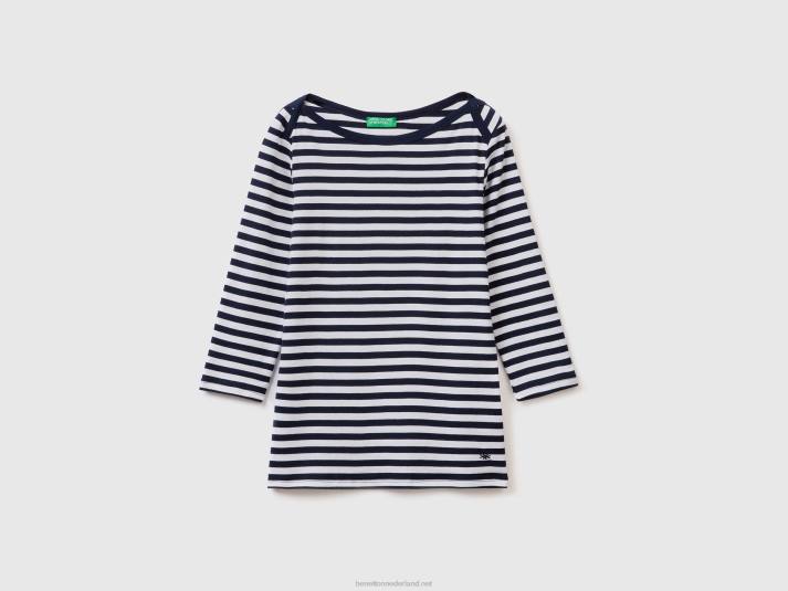 vrouwen Benetton gestreept t-shirt met 3/4 mouwen van 100% katoen donkerblauw 4R62455