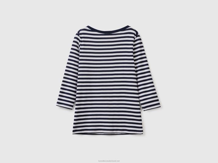 vrouwen Benetton gestreept t-shirt met 3/4 mouwen van 100% katoen donkerblauw 4R62455