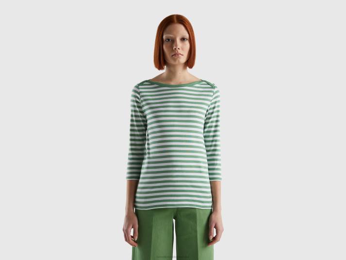 vrouwen Benetton gestreept t-shirt met 3/4 mouwen van 100% katoen groente 4R623837