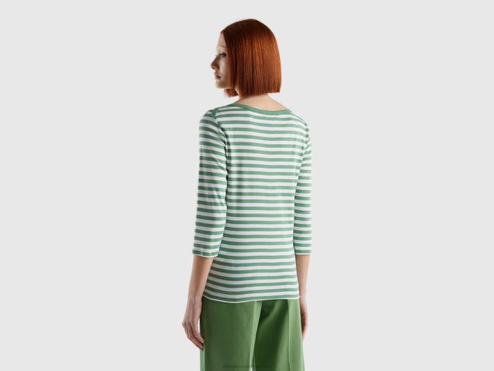vrouwen Benetton gestreept t-shirt met 3/4 mouwen van 100% katoen groente 4R623837