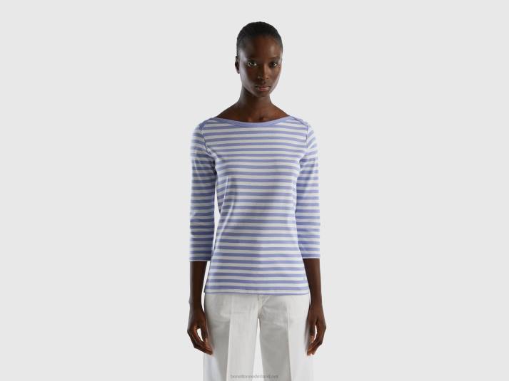vrouwen Benetton gestreept t-shirt met 3/4 mouwen van 100% katoen lila 4R623849