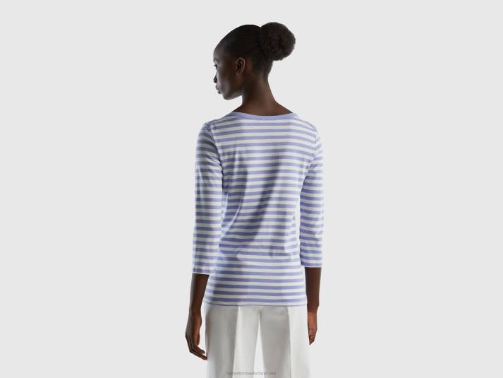 vrouwen Benetton gestreept t-shirt met 3/4 mouwen van 100% katoen lila 4R623849