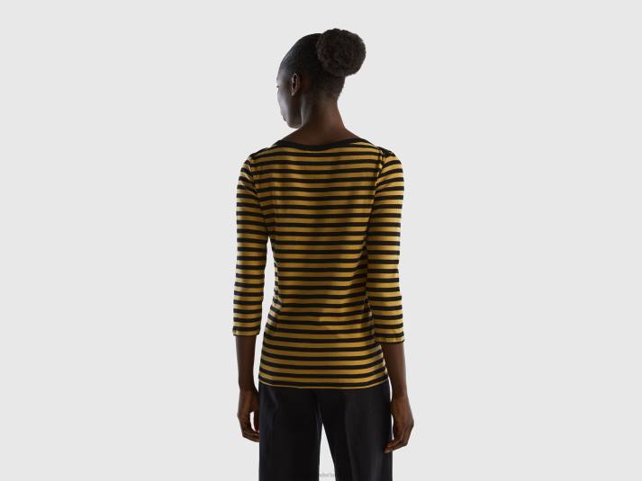 vrouwen Benetton gestreept t-shirt met 3/4 mouwen van 100% katoen mosterd 4R623889