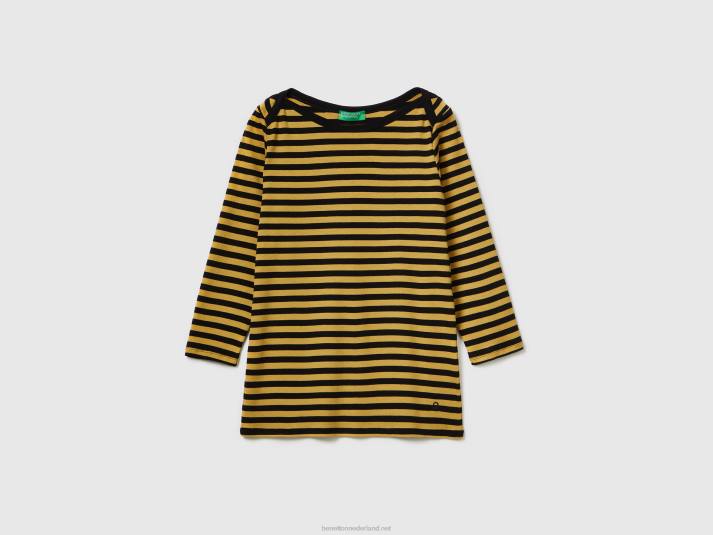 vrouwen Benetton gestreept t-shirt met 3/4 mouwen van 100% katoen mosterd 4R623889
