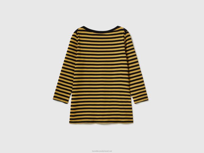 vrouwen Benetton gestreept t-shirt met 3/4 mouwen van 100% katoen mosterd 4R623889
